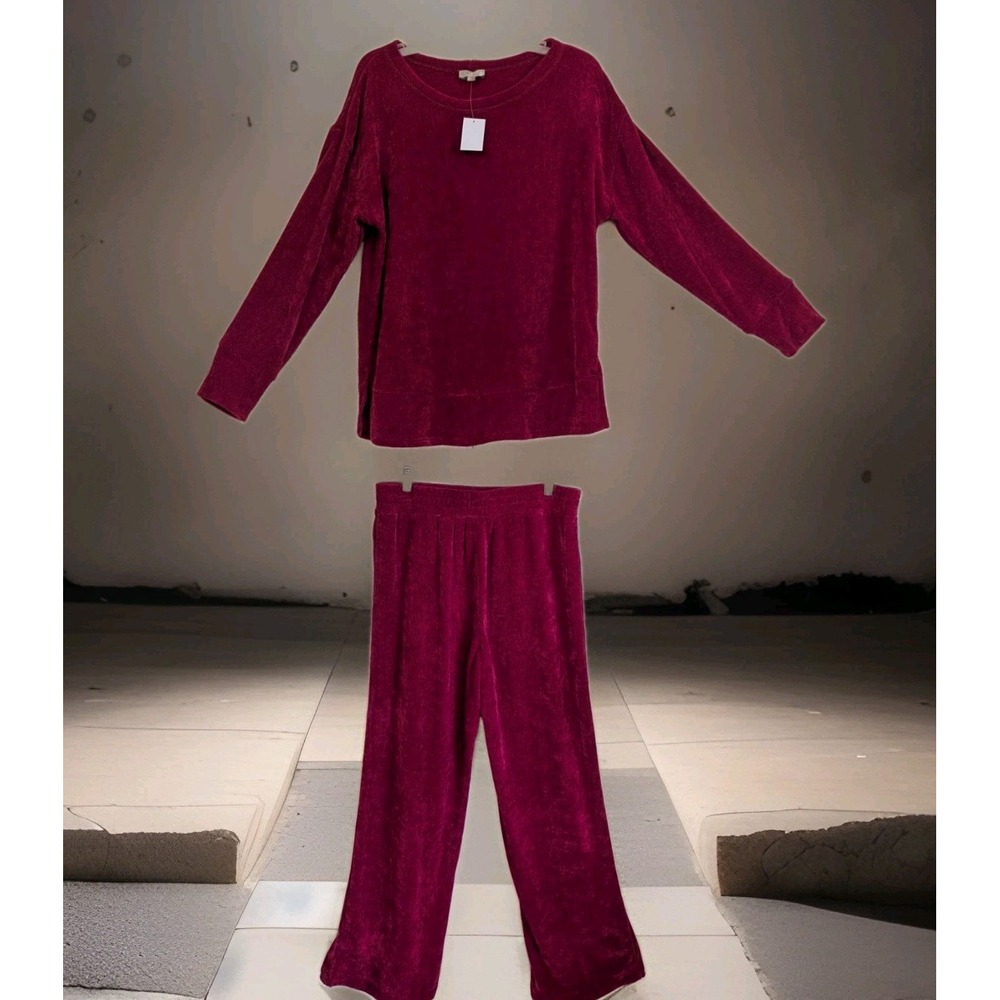 Chenault Women Maroon Chenille Lounge Set Wide Leg Tracksuit 2pc Outfit L NEW